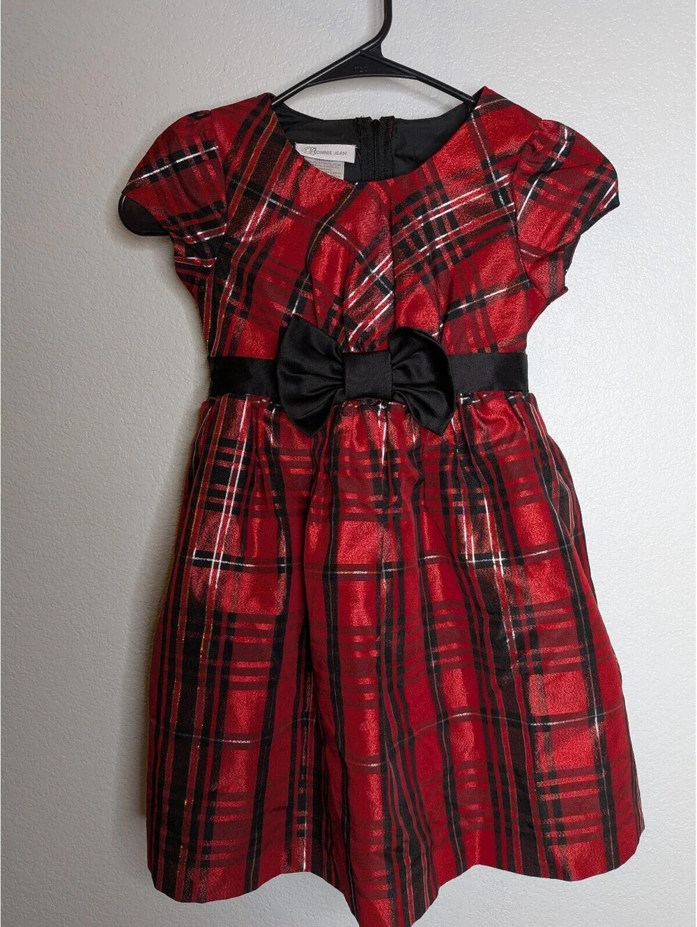Bonnie Jean Girls Red Metallic Plaid Holiday Dress Black Bow Size 6X